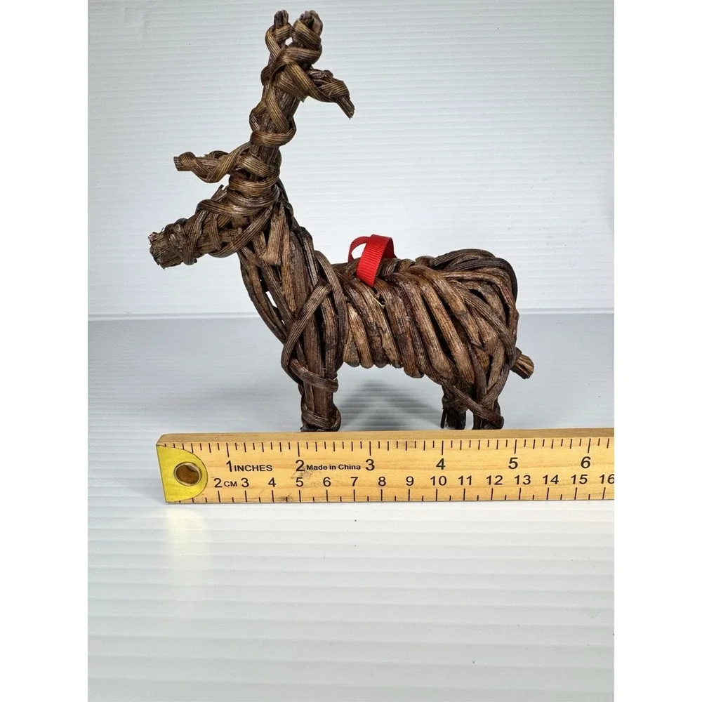 Pottery Barn NWT Reindeer Christmas Ornaments Deer Pair Wood Wicker Ribbon 7
